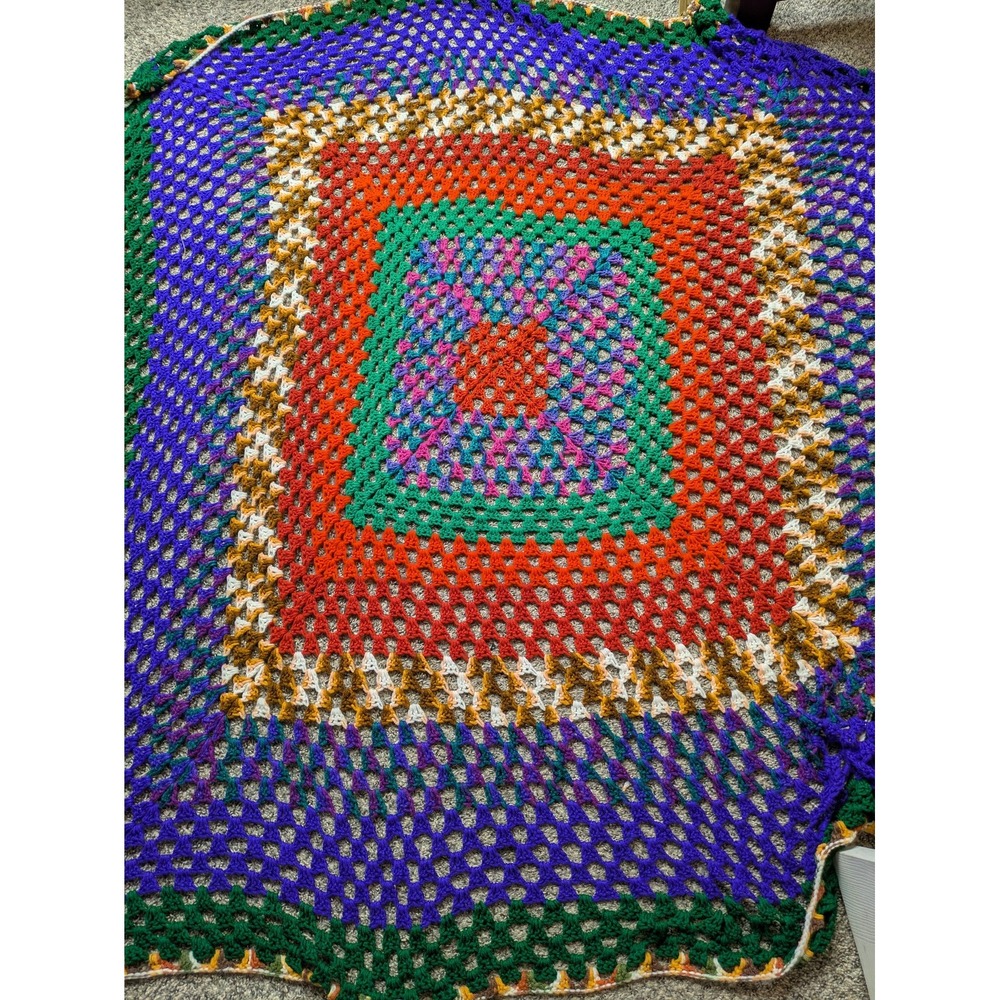 Handmade Crochet Throw Blanket 77x66 Multicolor Granny Square Boho Afghan